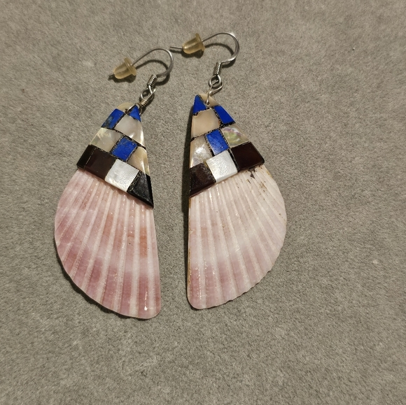 Santo Domingo Shell Lapis Lazuli Inlay Drop Earrings Native American Vintage S - Picture 4 of 8